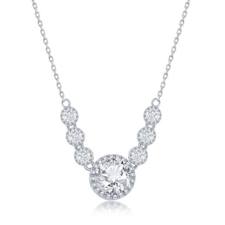 M-6266 CLASSIC STERLING SILVER ROUND CUBIC ZIRCONIA NECKLACE