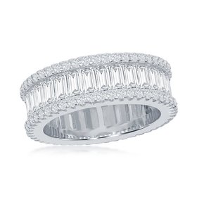 W-1865 CLASSIC STERLING SILVER BAGUETTE CENTER AND PAVE EDGE CUBIC ZIRCONIA ETERNITY BAND