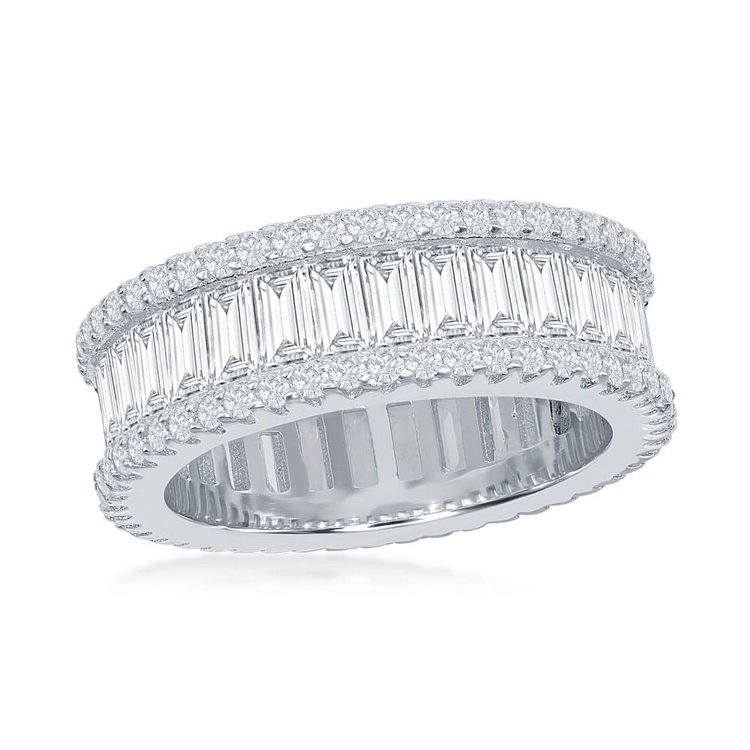 W-1865 CLASSIC STERLING SILVER BAGUETTE CENTER AND PAVE EDGE CUBIC ZIRCONIA ETERNITY BAND