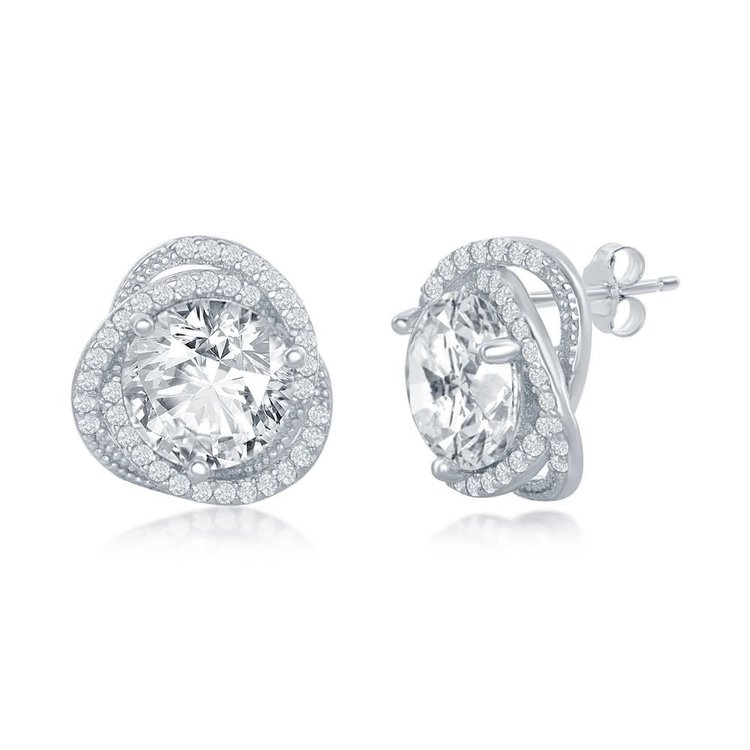 D-7242 CLASSIC STERLING SILVER 12MM ROUND CUBIC ZIRCONIA LOVE KNOT HALO STUDS