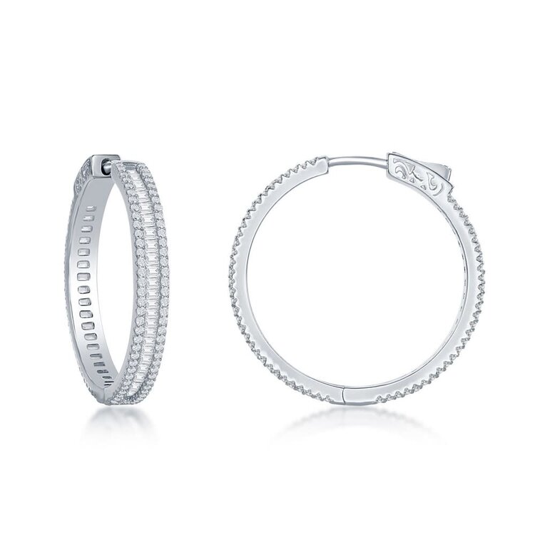 D-7240 STERLING SILVER BAGUETTE CUBIC ZIRCONIA 30MM  HOOP EARRINGS