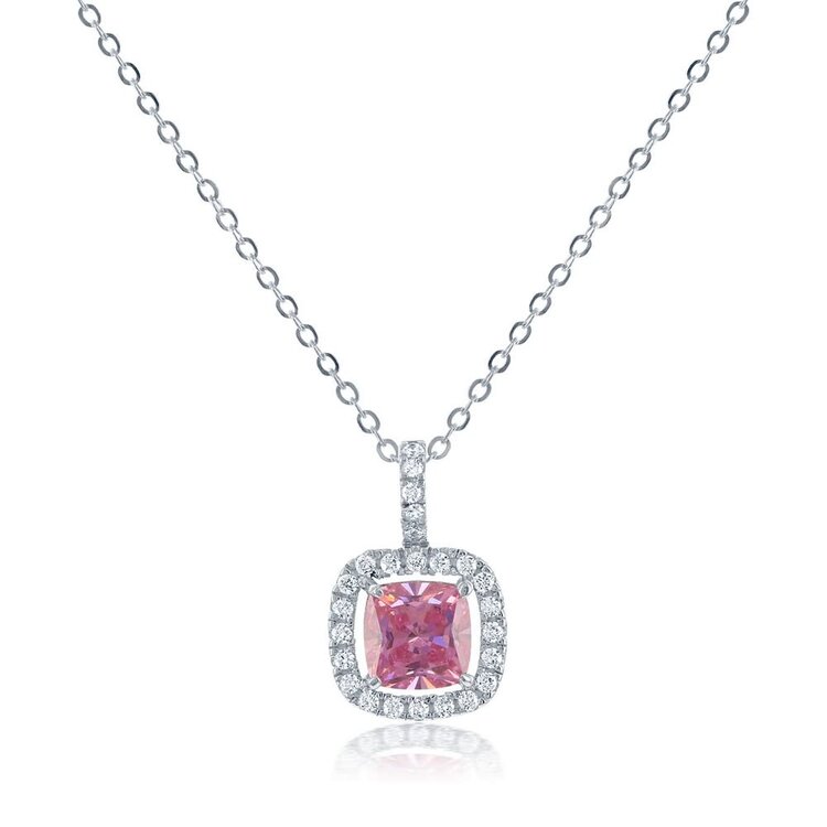 K-7041 Sterling Silver White CZ Square Pendant - Pink