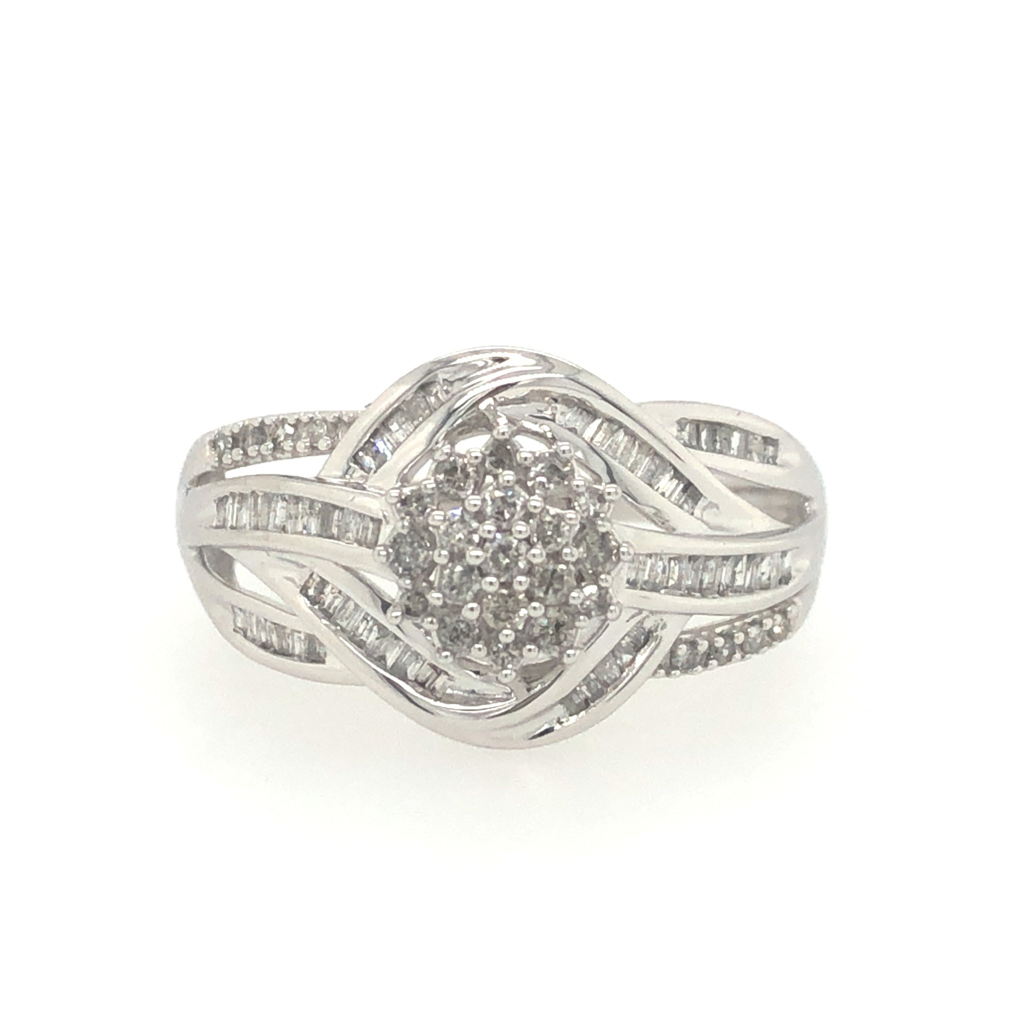 40074 10K WHITE GOLD .50CT DIAMOND FLOWER CLUSTER CENTER WITH ROUNDS & BAGUETTE IN BAND RING