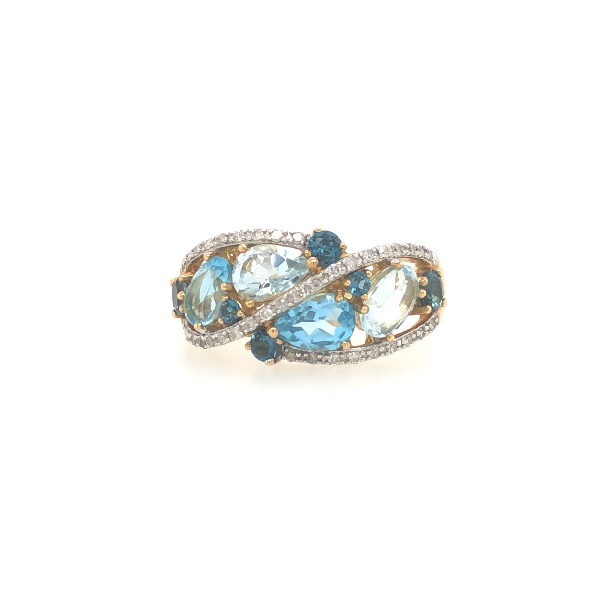 40065 10K YELLOW GOLD .18CT DIAMOND WITH MULTI SHAPE BLUE TOPAZ AQUAMARINE & SAPPHIRE GEMSTONE RING