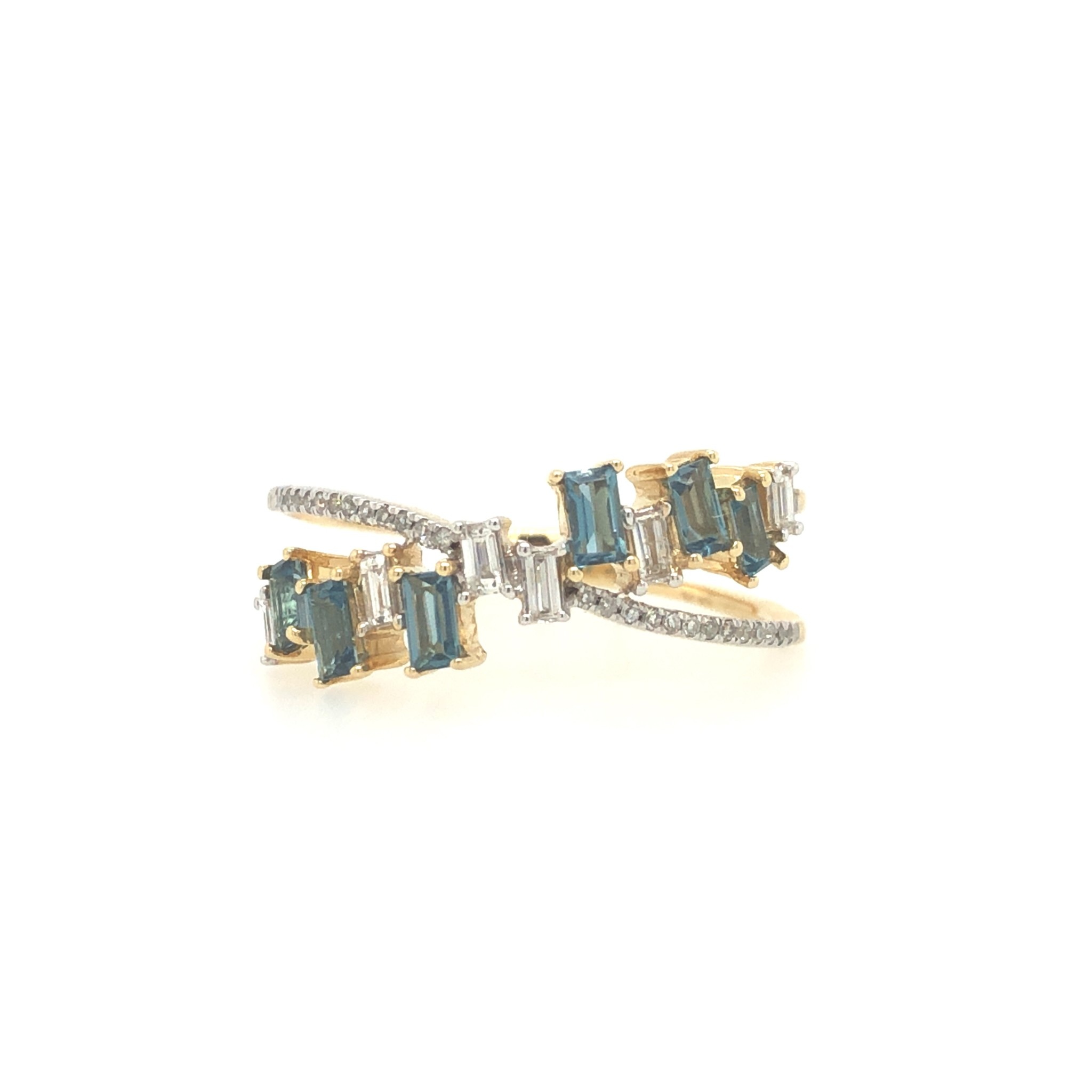 40066 10K YELLOW GOLD OPEN .20CT DIAMOND & BAGUETTE BLUE TOPAZ RING