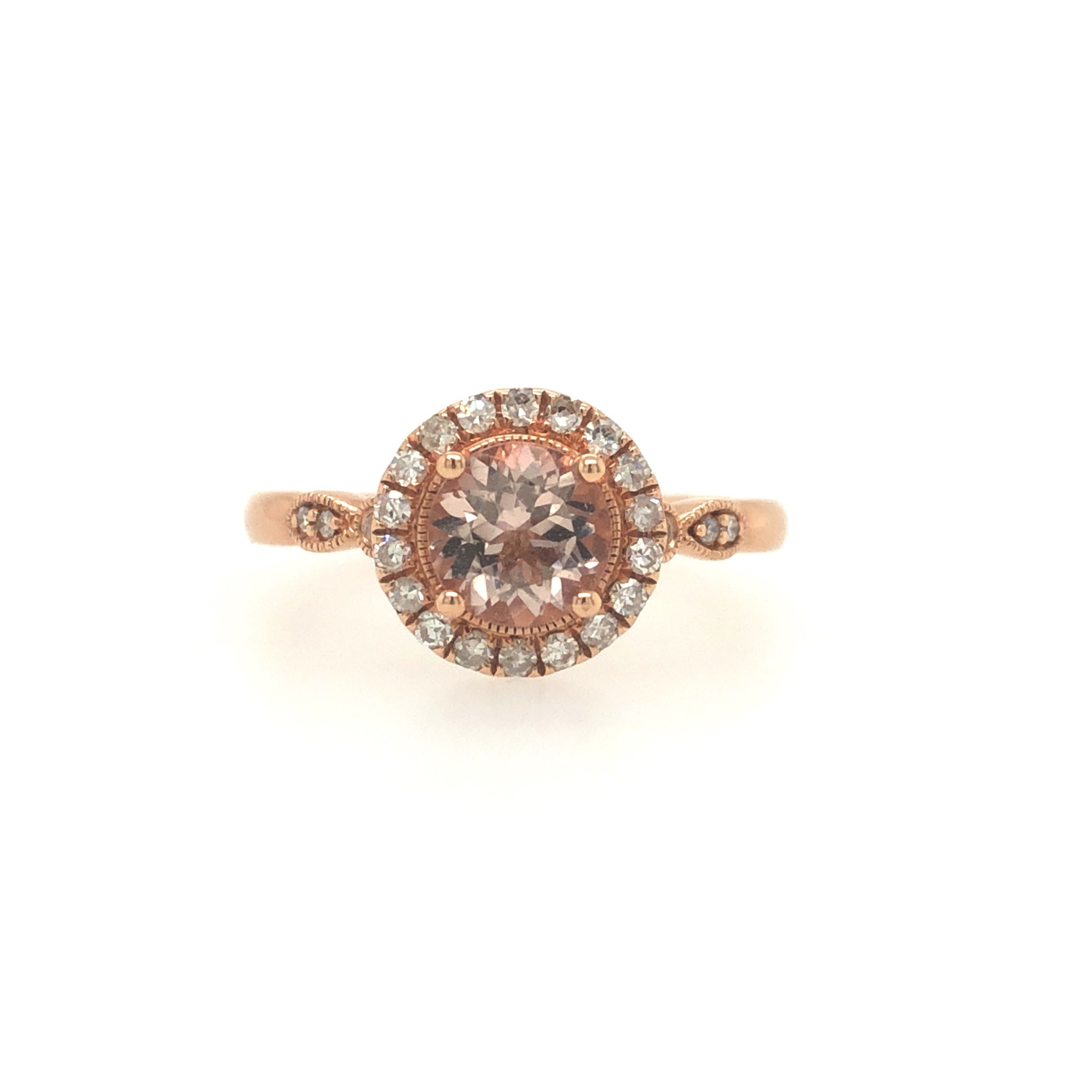 40069 10K ROSE GOLD ROUND MORGANITE CENTER WITH .25CT DIAMOND HALO RING