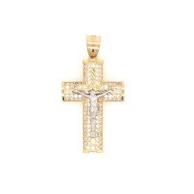 77054 14K 2 TONE MEDIUM SQUARED RAISED CUBIC ZIRCONIA CRUCIFIX