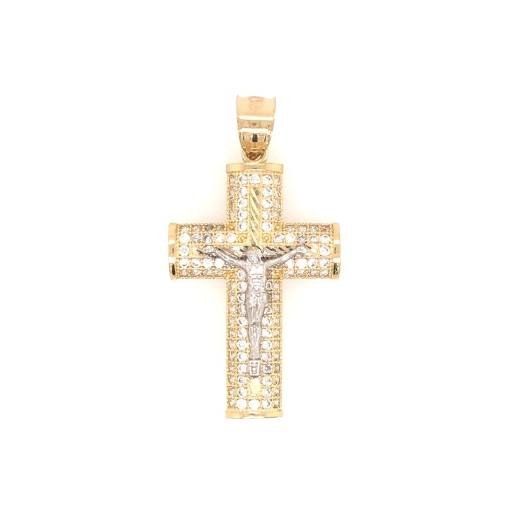 77054 14K 2 TONE MEDIUM SQUARED RAISED CUBIC ZIRCONIA CRUCIFIX