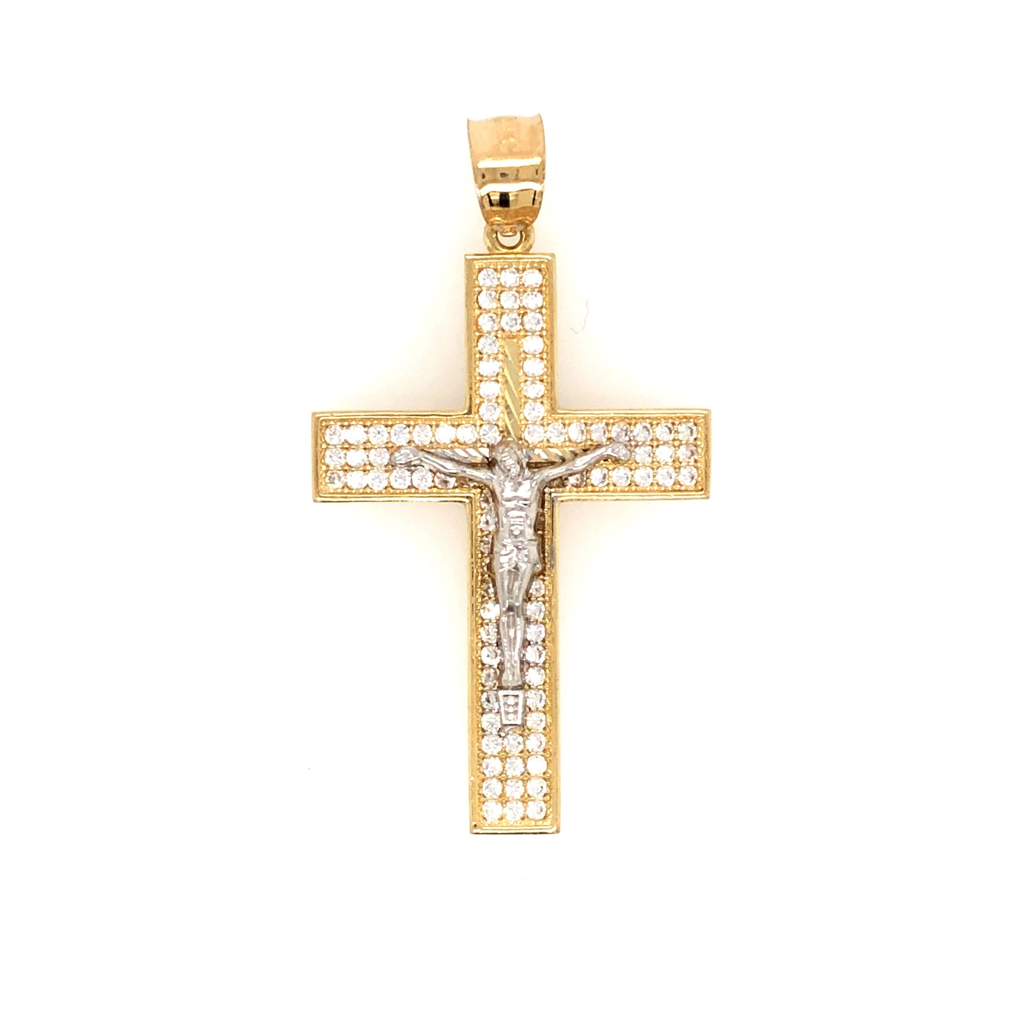 77055 14K YELLOW GOLD LARGE SQUARED CUBIC ZIRCONIA CRUCIFIX