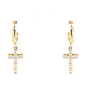 30335 14K YELLOW GOLD DOUBLE HANGING CROSS CUBIC ZIRCONIA HUGGIES