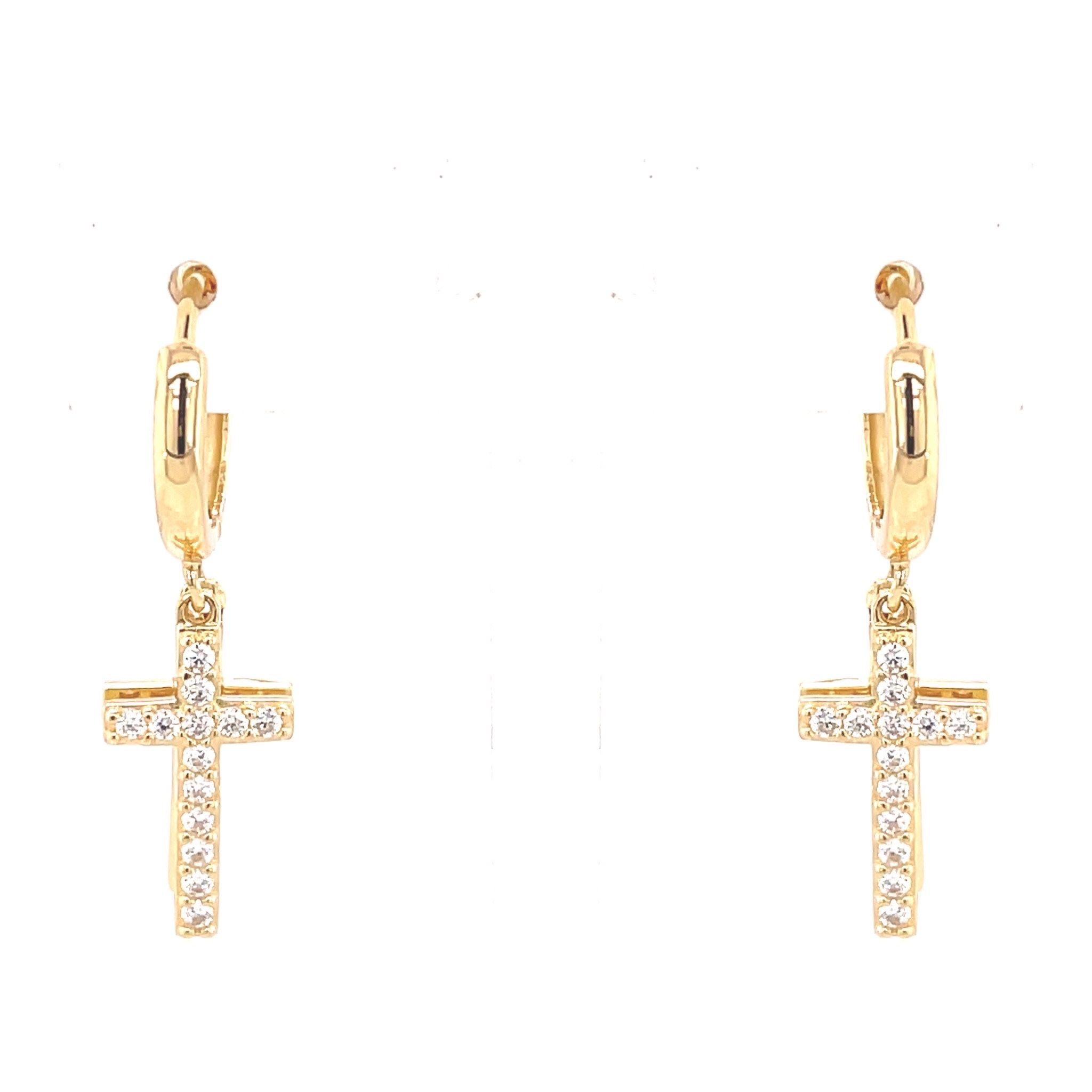 30335 14K YELLOW GOLD DOUBLE HANGING CROSS CUBIC ZIRCONIA HUGGIES