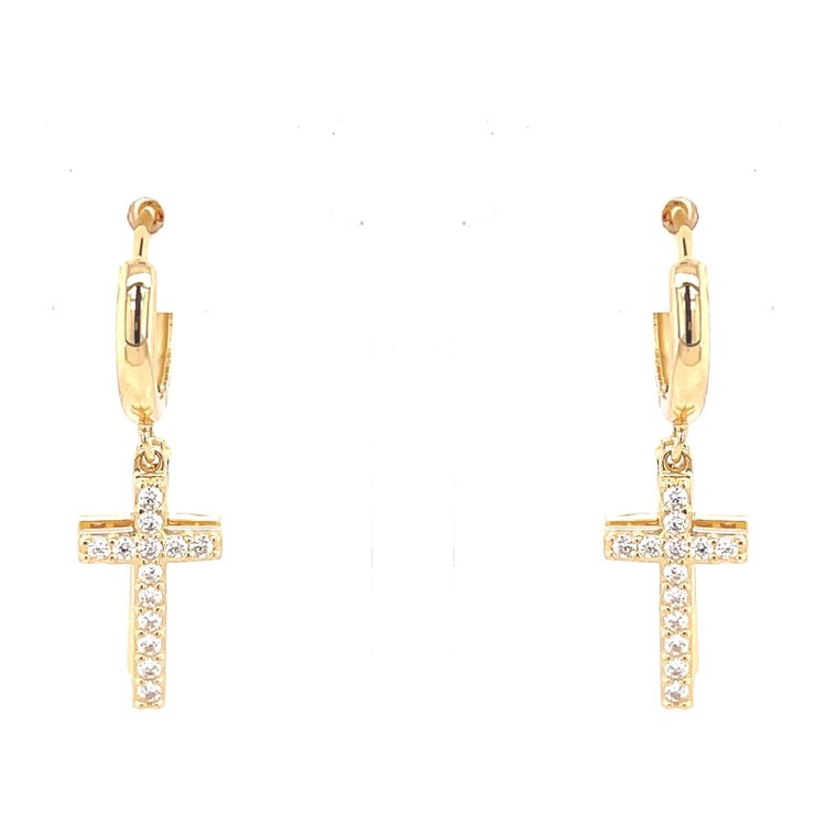 30335 14K YELLOW GOLD DOUBLE HANGING CROSS CUBIC ZIRCONIA HUGGIES