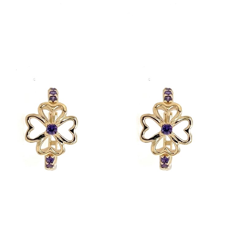 30361 14K YELLOW GOLD OPEN CLOVER LEAF PURPLE CUBIC ZIRCONIA HUGGIES