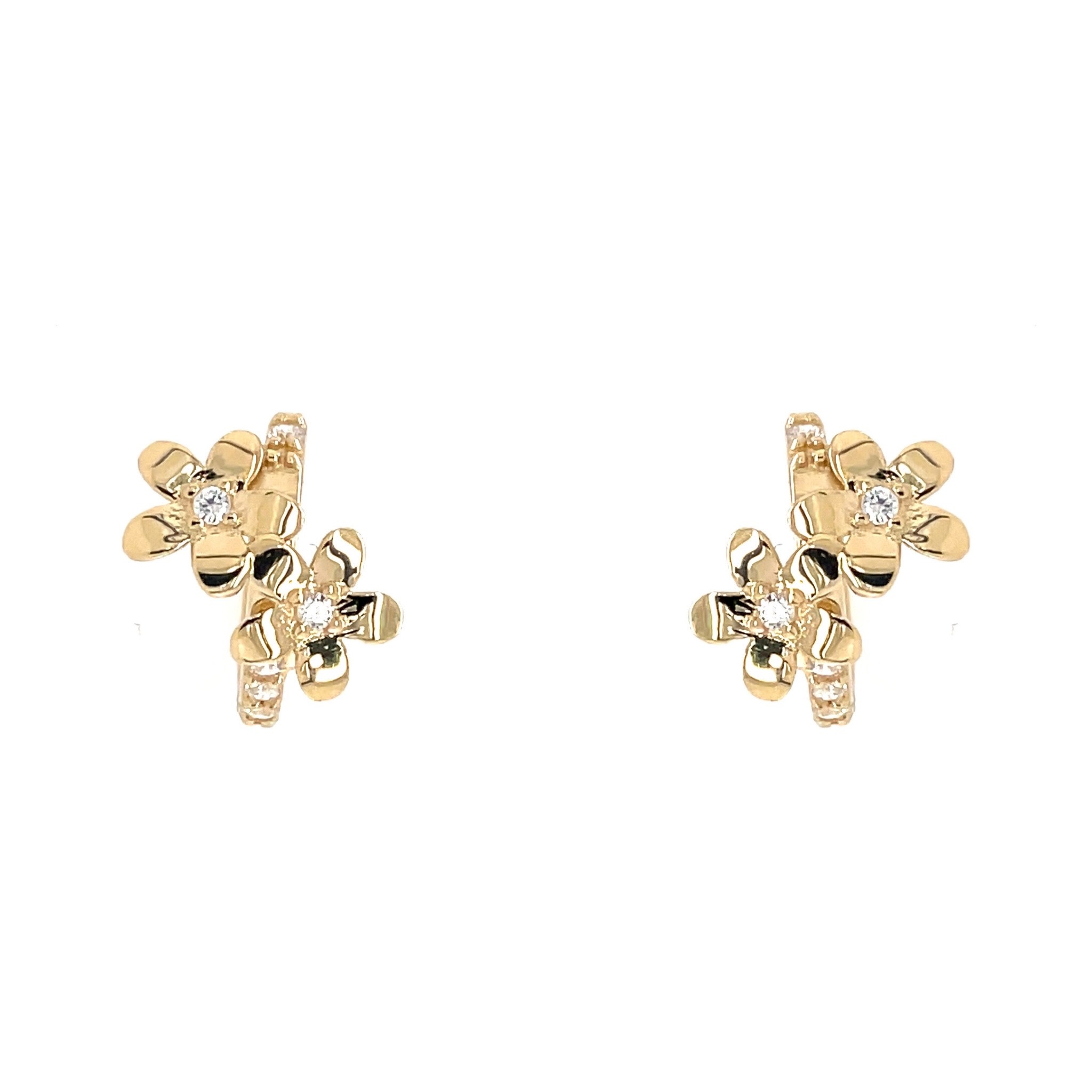 30339 14K YELLOW GOLD DOUBLE FLOWER CUBIC ZIRCONIA HUGGIES