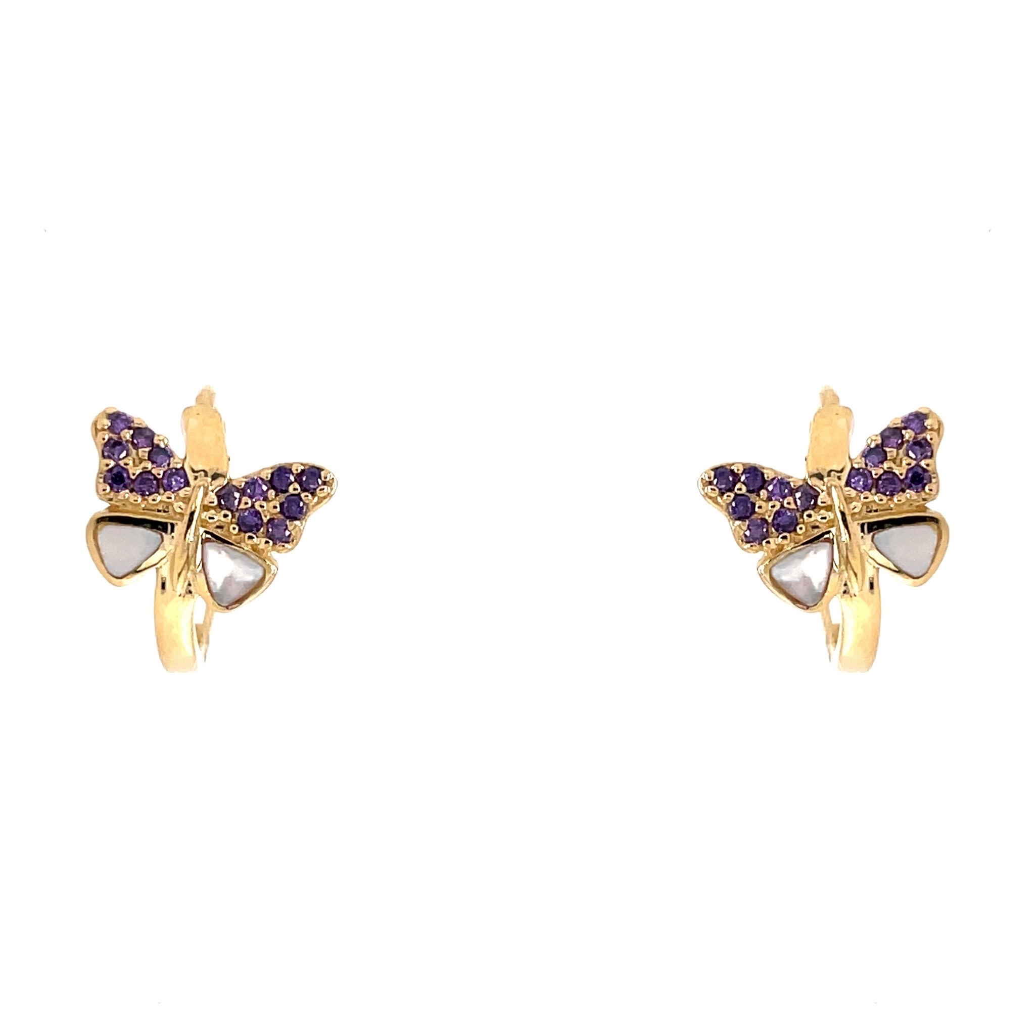 30347 14K YELLOW GOLD MOTHER OF PEARL AND MULTI COLOR CUBIC ZIRCONIA BUTTERFLY HUGGIES