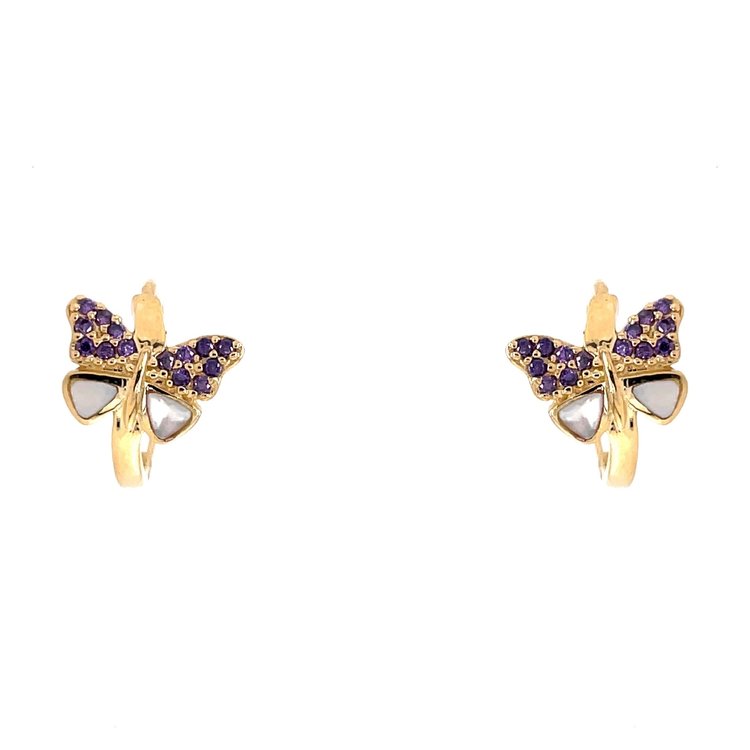 30347 14K YELLOW GOLD MOTHER OF PEARL AND MULTI COLOR CUBIC ZIRCONIA BUTTERFLY HUGGIES