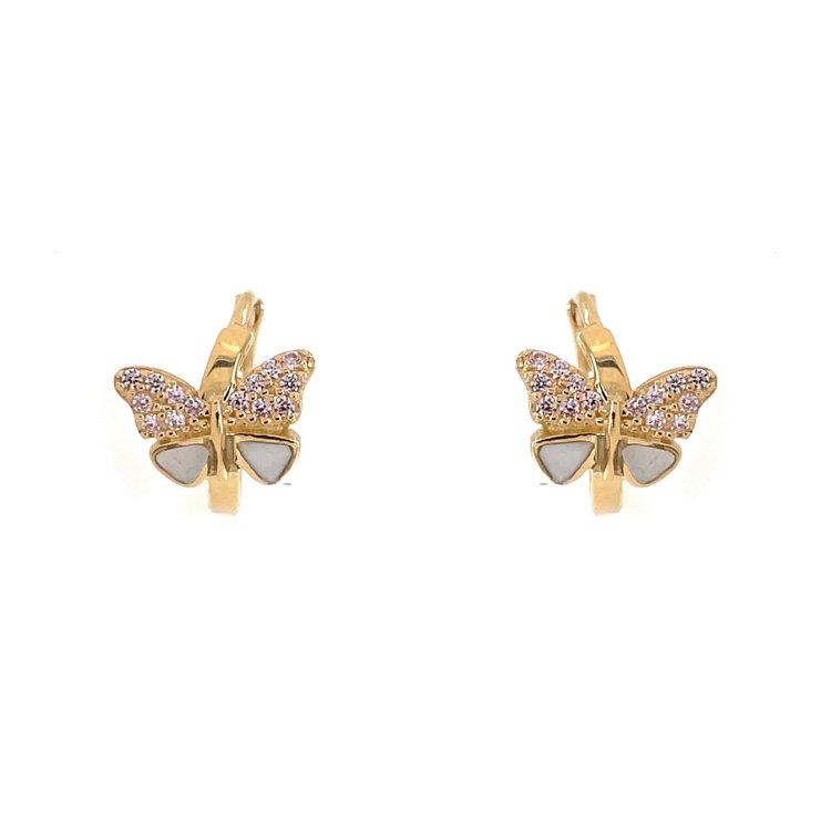 30347 14K YELLOW GOLD MOTHER OF PEARL AND MULTI COLOR CUBIC ZIRCONIA BUTTERFLY HUGGIES