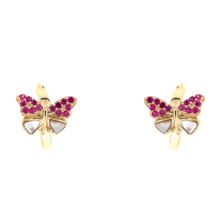 30347 14K YELLOW GOLD MOTHER OF PEARL AND MULTI COLOR CUBIC ZIRCONIA BUTTERFLY HUGGIES