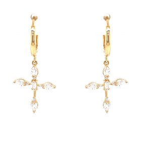 30344 14K YELLOW GOLD HANGING CUBIC ZIRCONIA CROSS HUGGIES
