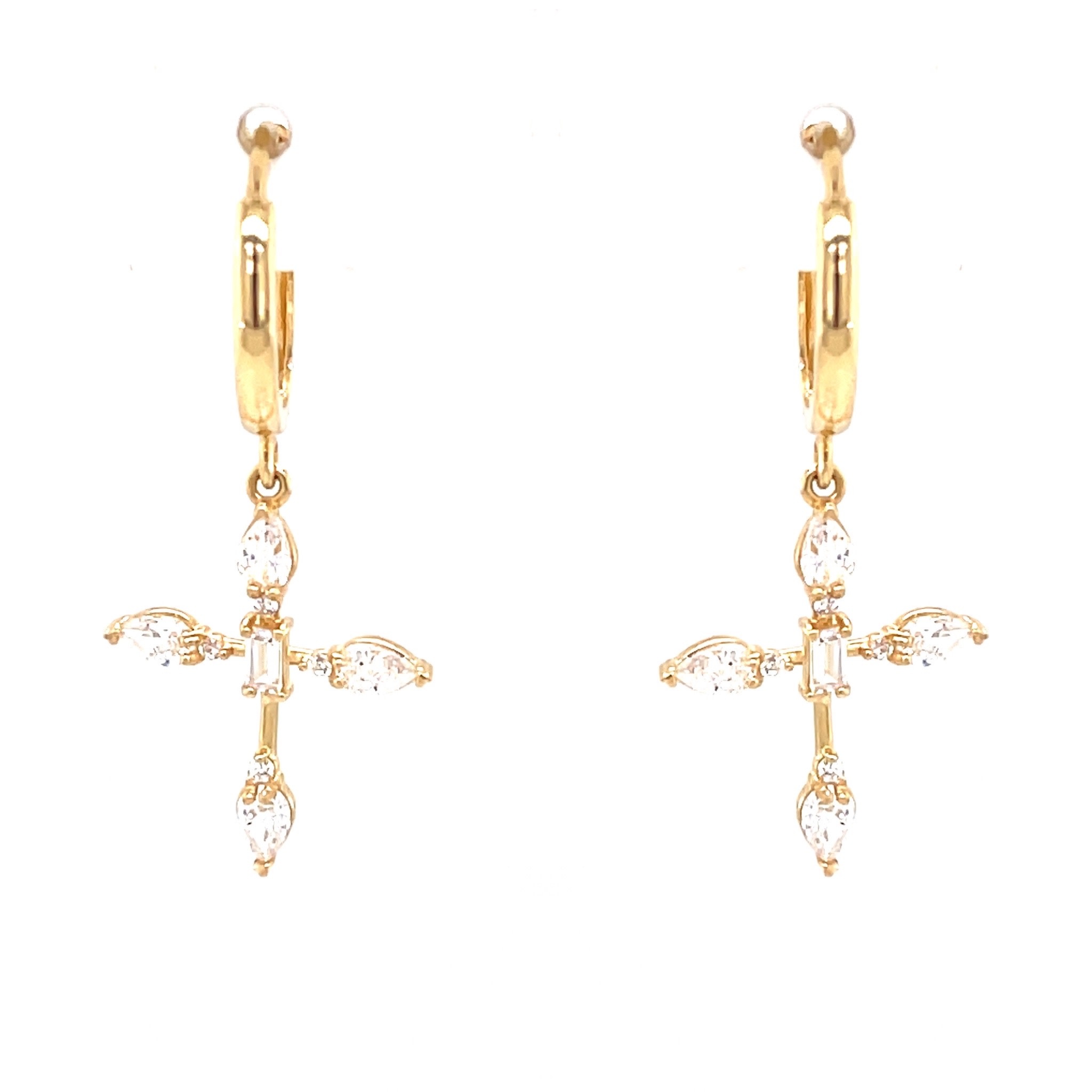 30344 14K YELLOW GOLD HANGING CUBIC ZIRCONIA CROSS HUGGIES