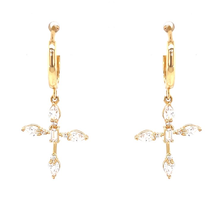30344 14K YELLOW GOLD HANGING CUBIC ZIRCONIA CROSS HUGGIES