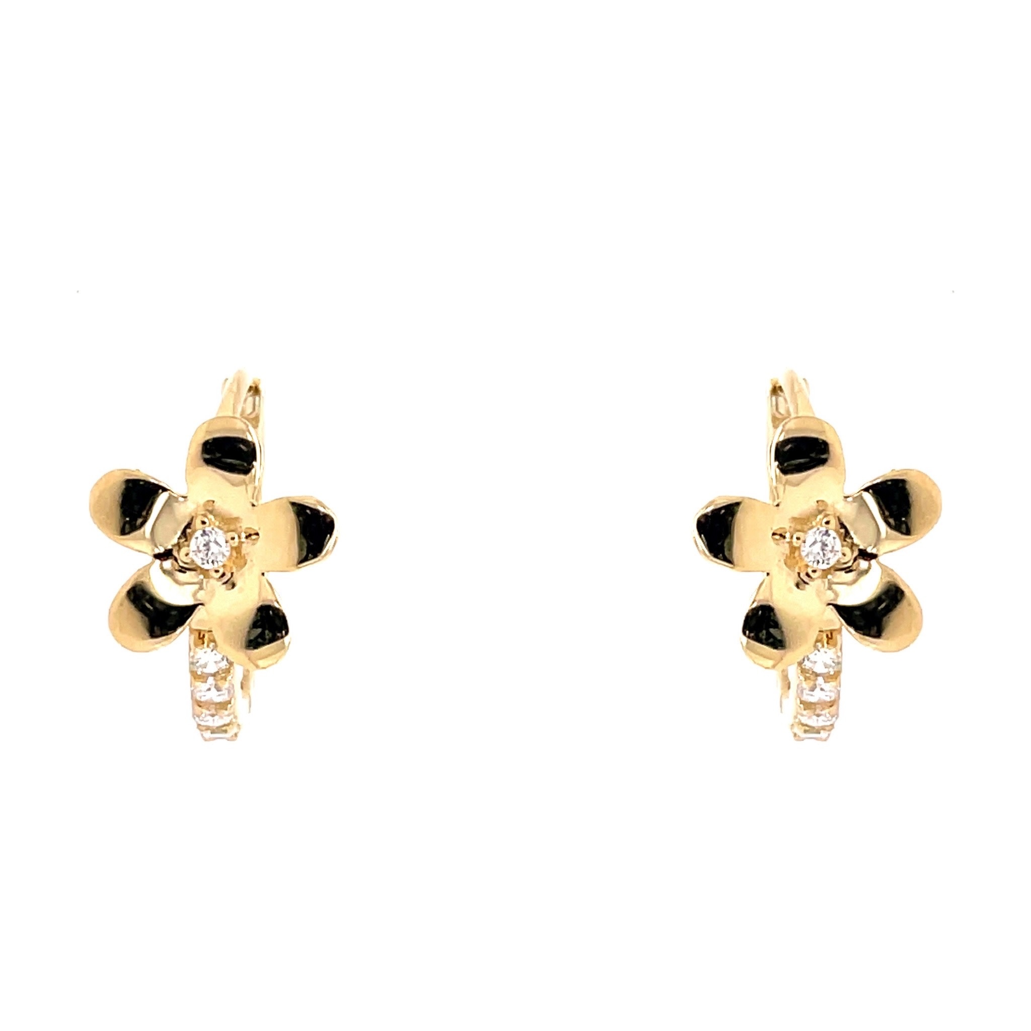 30353 14K YELLOW GOLD FLOWER CUBIC ZIRCONIA HUGGIES