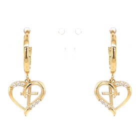 30355 14K YELLOW GOLD OPEN HANGING HEART AND CROSS INLAY CUBIC ZIRCONIA HUGGIES
