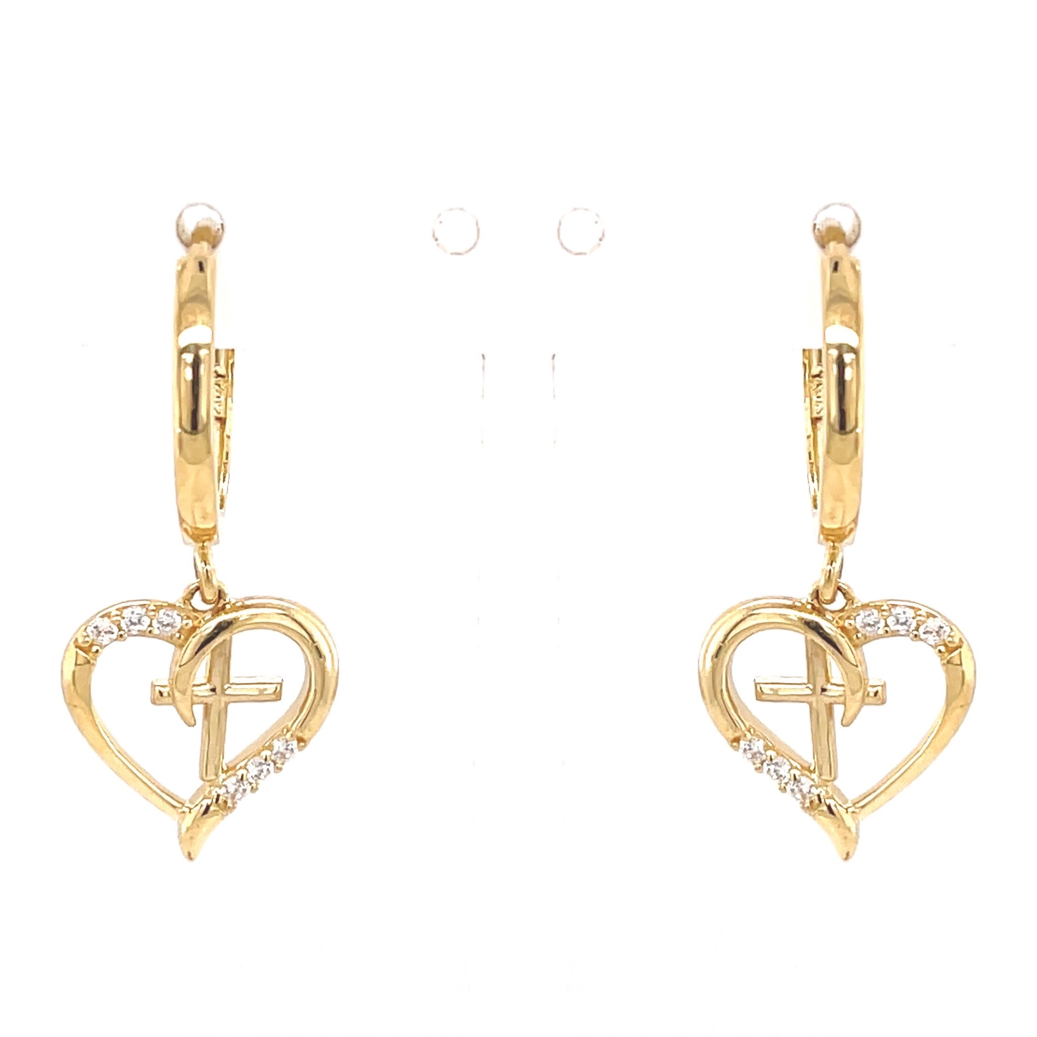 30355 14K YELLOW GOLD OPEN HANGING HEART AND CROSS INLAY CUBIC ZIRCONIA HUGGIES