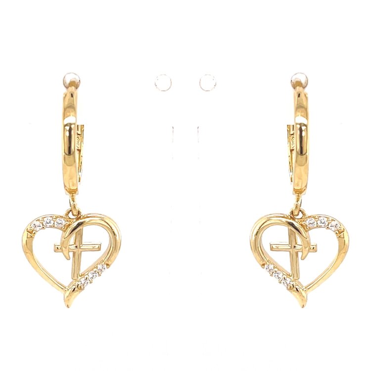 30355 14K YELLOW GOLD OPEN HANGING HEART AND CROSS INLAY CUBIC ZIRCONIA HUGGIES