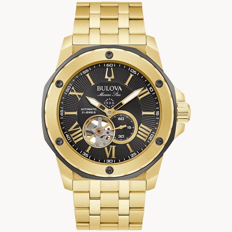 BULOVA MARINE STAR BLACK SKELETON DAIL AUTOMATIC MOVEMENT GOLD TONE MENS WATCH
