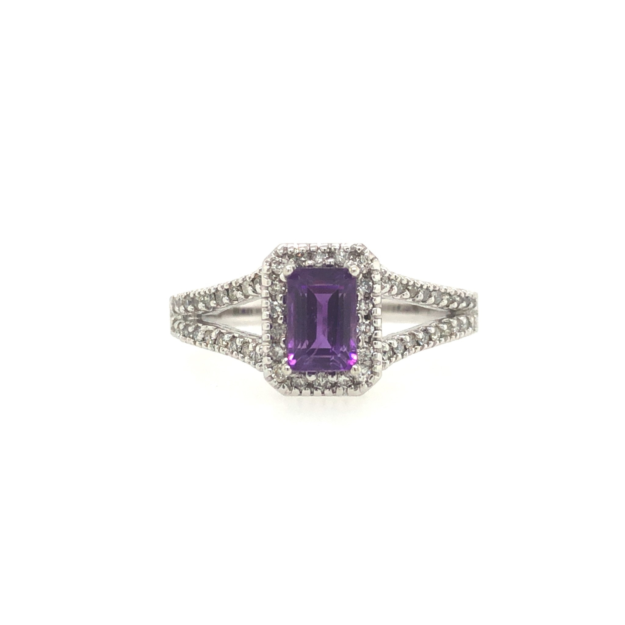 40096 10K WHITE GOLD EMERALD CUT AMETHYST .25TCW DIAMOND HALO SPLIT SHANK RING