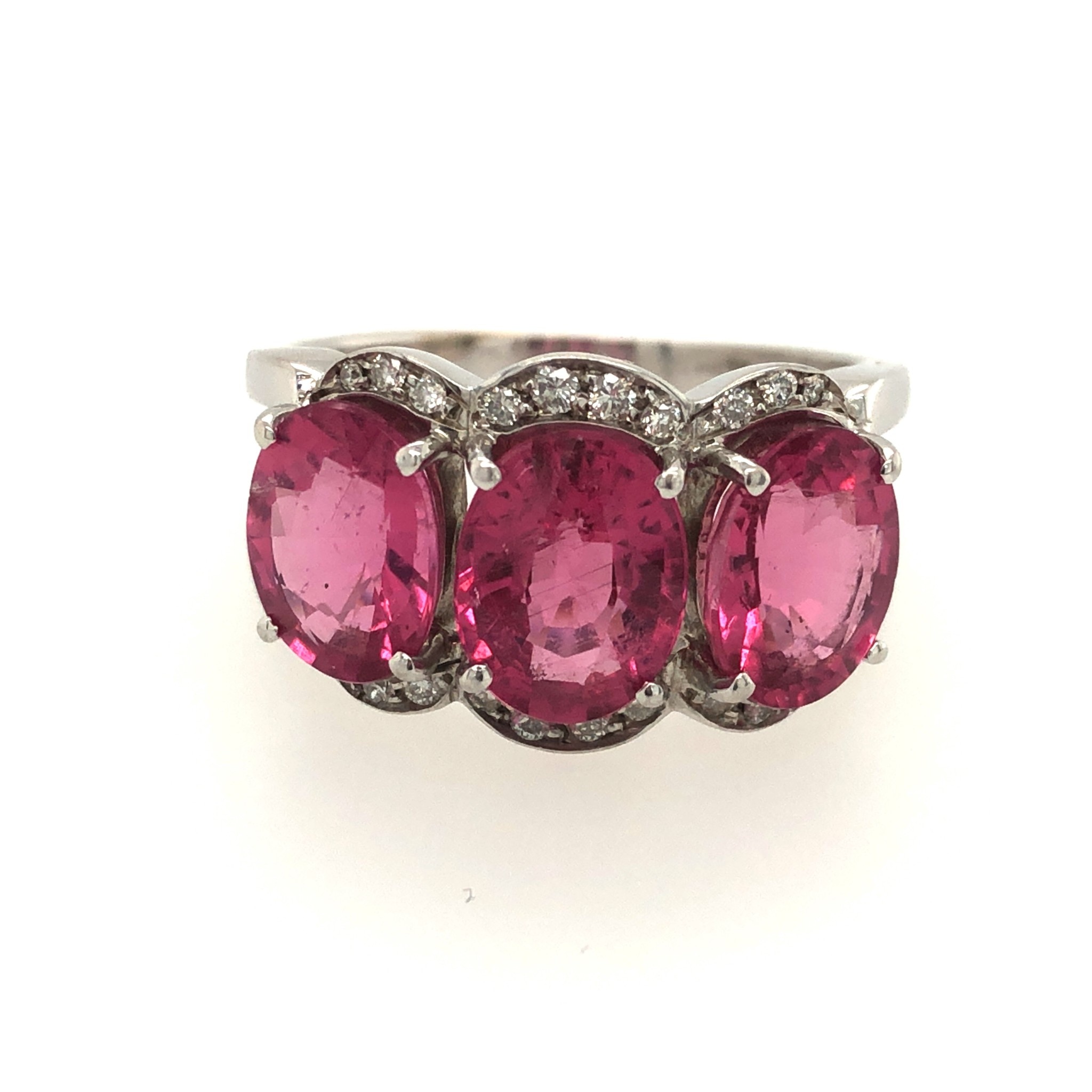 40097 14K WHITE GOLD 3 PINK OVAL TOURMALINE WITH DIAMOND HALO RING