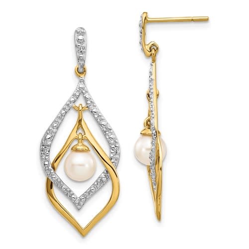 30373 14K 2 TONE 5-6MM WHITE PEARL .02 DIAMOND DANGLE EARRINGS
