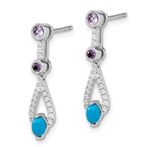 30374 14K WHIET GOLD TURQUOISE/AMETHYST/WHITE TOPAZ DANGLING EARRINGS