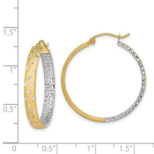 30382 14K 2 TONE SATIN AND DIAMOND CUT FINISHING IN/OUT HOOPS