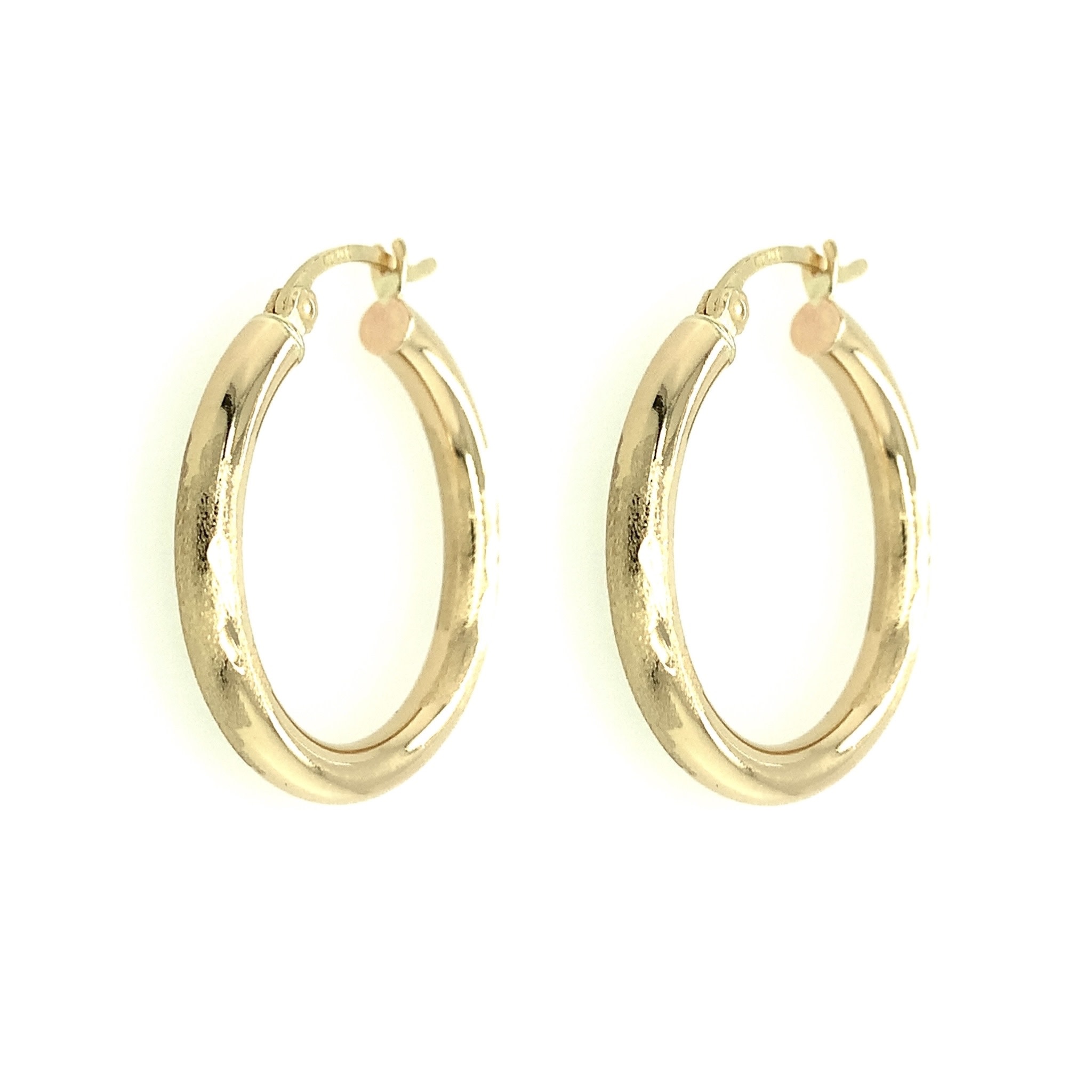 30388 14K YELLOW GOLD 0.95” HIGH POLISH AND DIAMOND CUT 3MM TUBE HOOPS