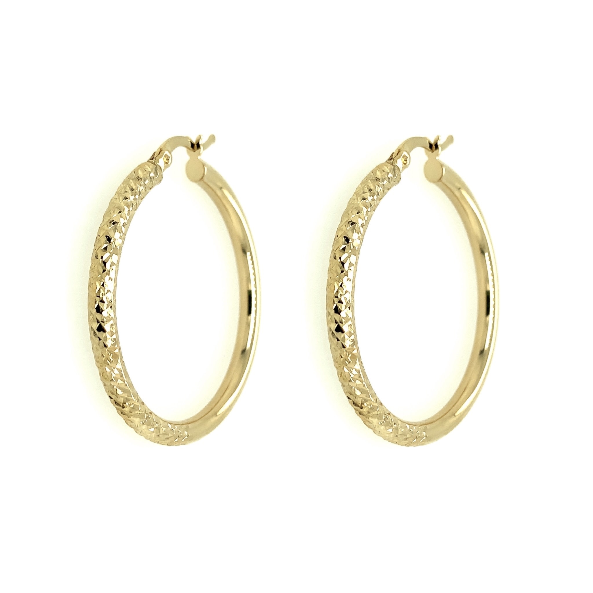 30395 14K YELLOW GOLD 1.5” HALF HIGH POLISH HALF DIAMOND CUT 3MM TUBE HOOPS