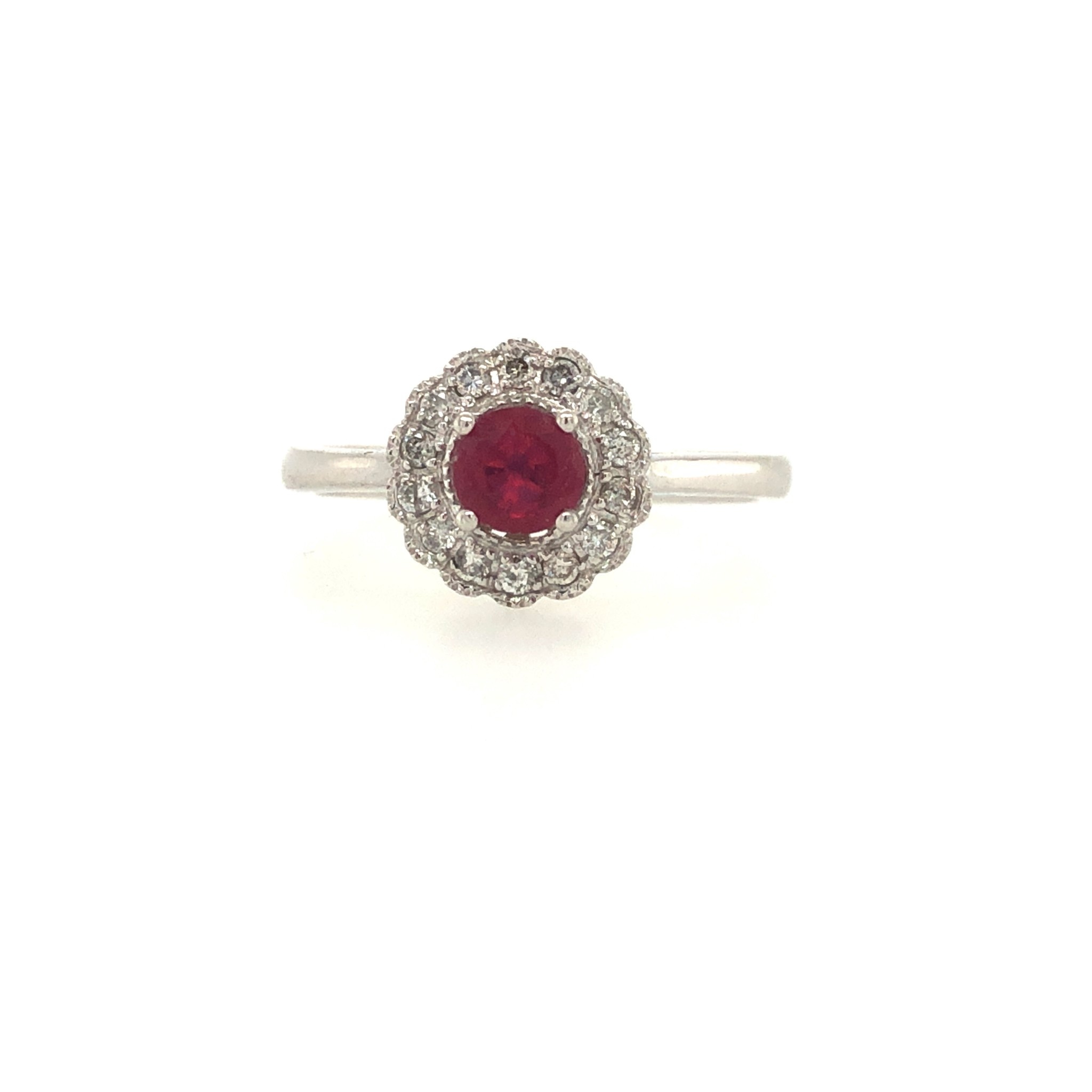 40101 10K WHITE GOLD ANTIQUE DESIGN ROUND RUBY CENTER AND DIAMOND HALO RING