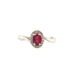 40098 10K WHITE GOLD OVAL RUBY AND DIAMOND HALO WAVE DESIGN RING