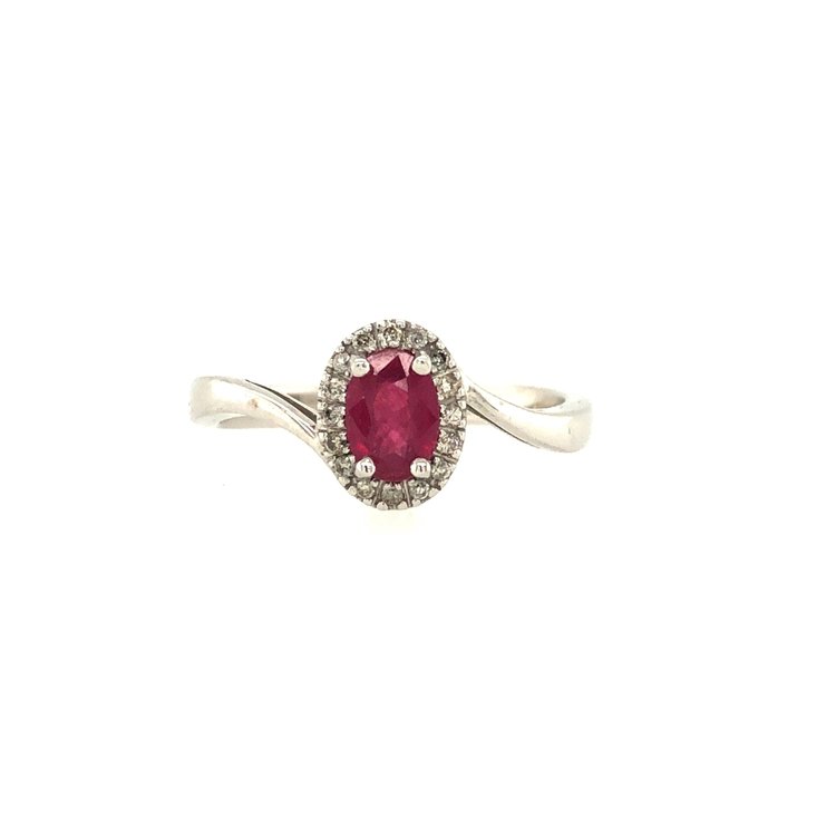 40098 10K WHITE GOLD OVAL RUBY AND DIAMOND HALO WAVE DESIGN RING
