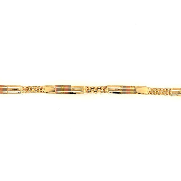 20072 14K YELLOW GOLD TRICOLOR SATIN FINISH BAR AND BISMARCK LINK LADIES BRACELET
