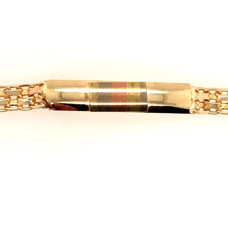 20072 14K YELLOW GOLD TRICOLOR SATIN FINISH BAR AND BISMARCK LINK LADIES BRACELET