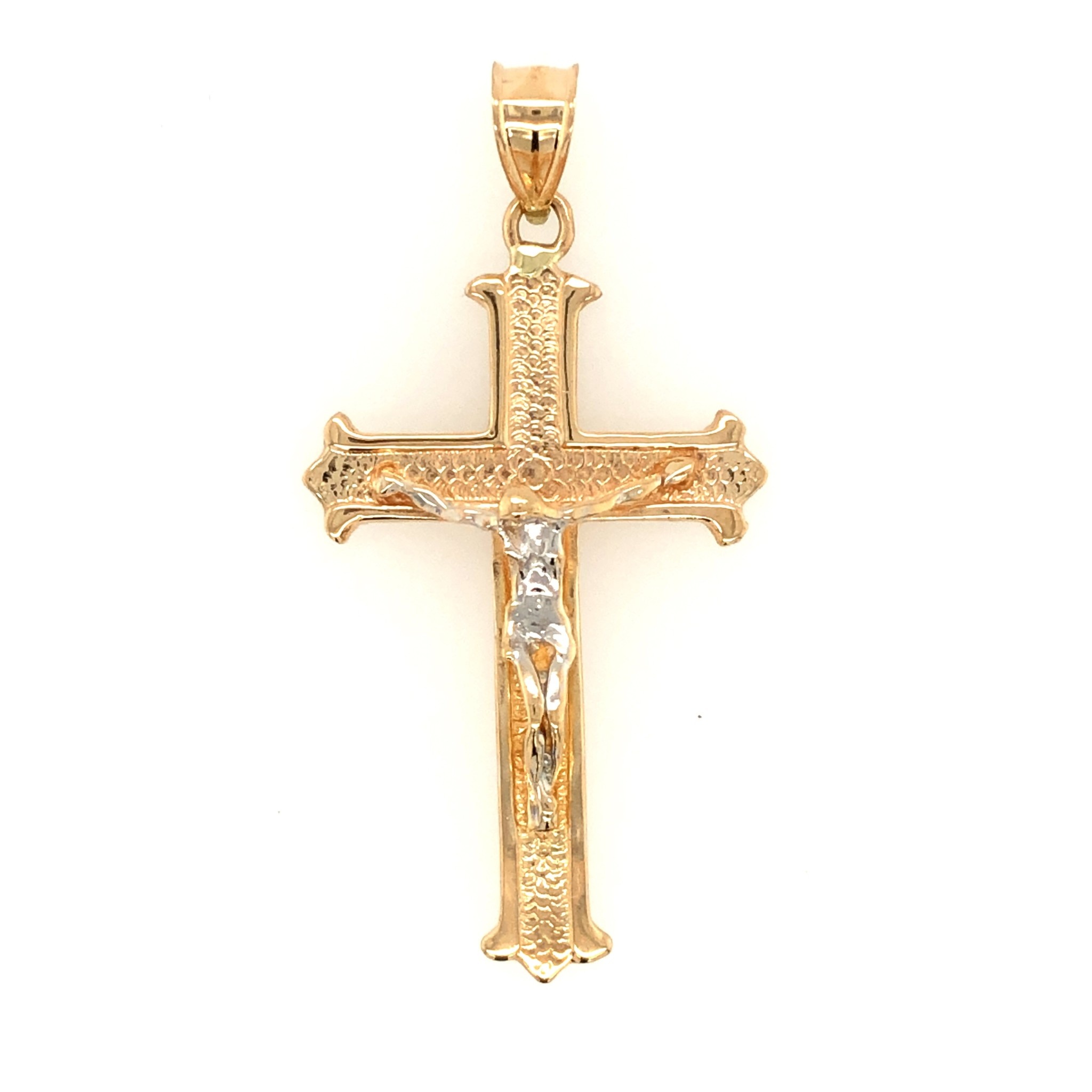 77130 14K 2 TONE TEXTURED CENTER WITH RAISED HIGH POLISH BORDER AND POINTED EDGES CRUCIFIX