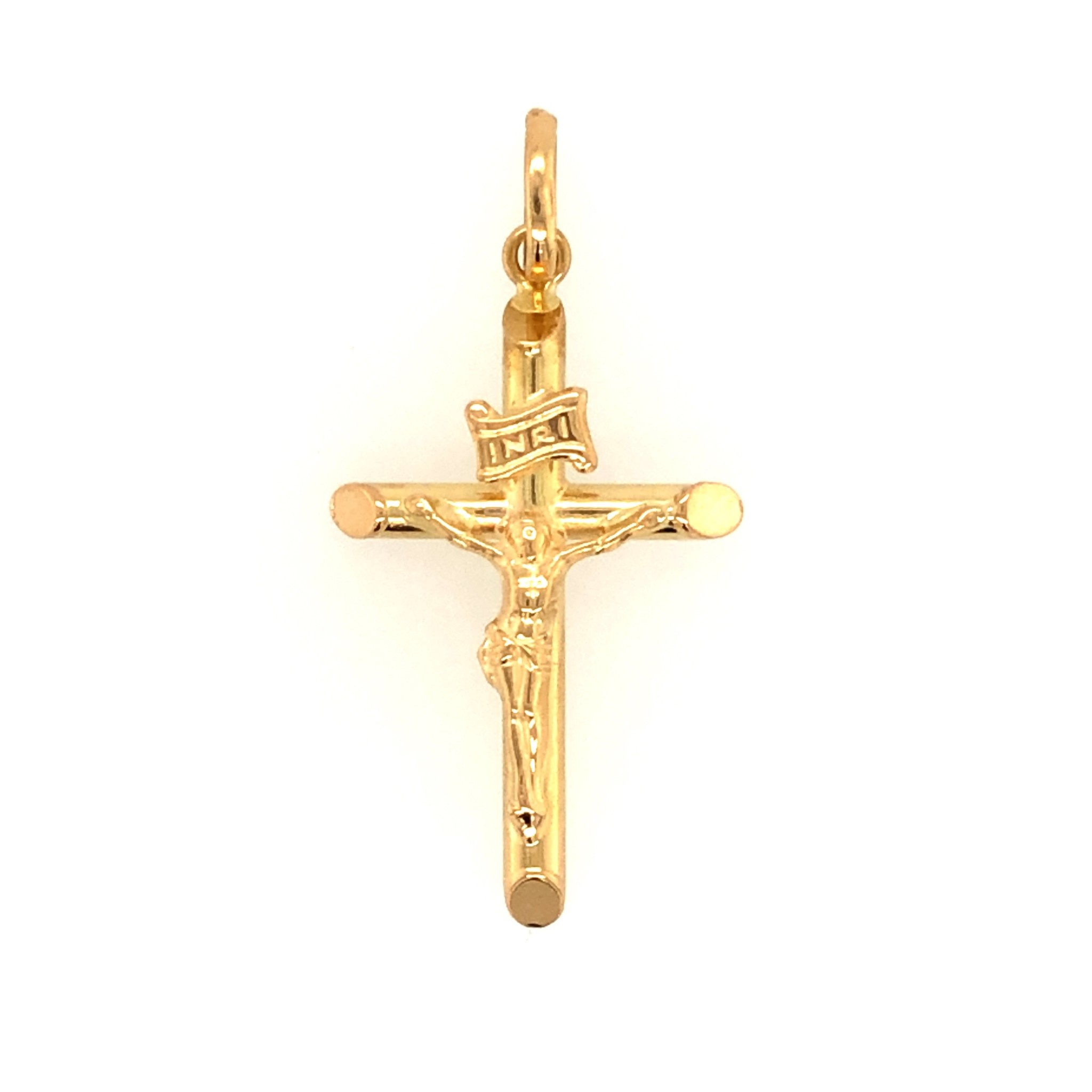 77131 14K YELLOW GOLD 1" SLANTED EDGE TUBE DESIGN CRUCIFIX