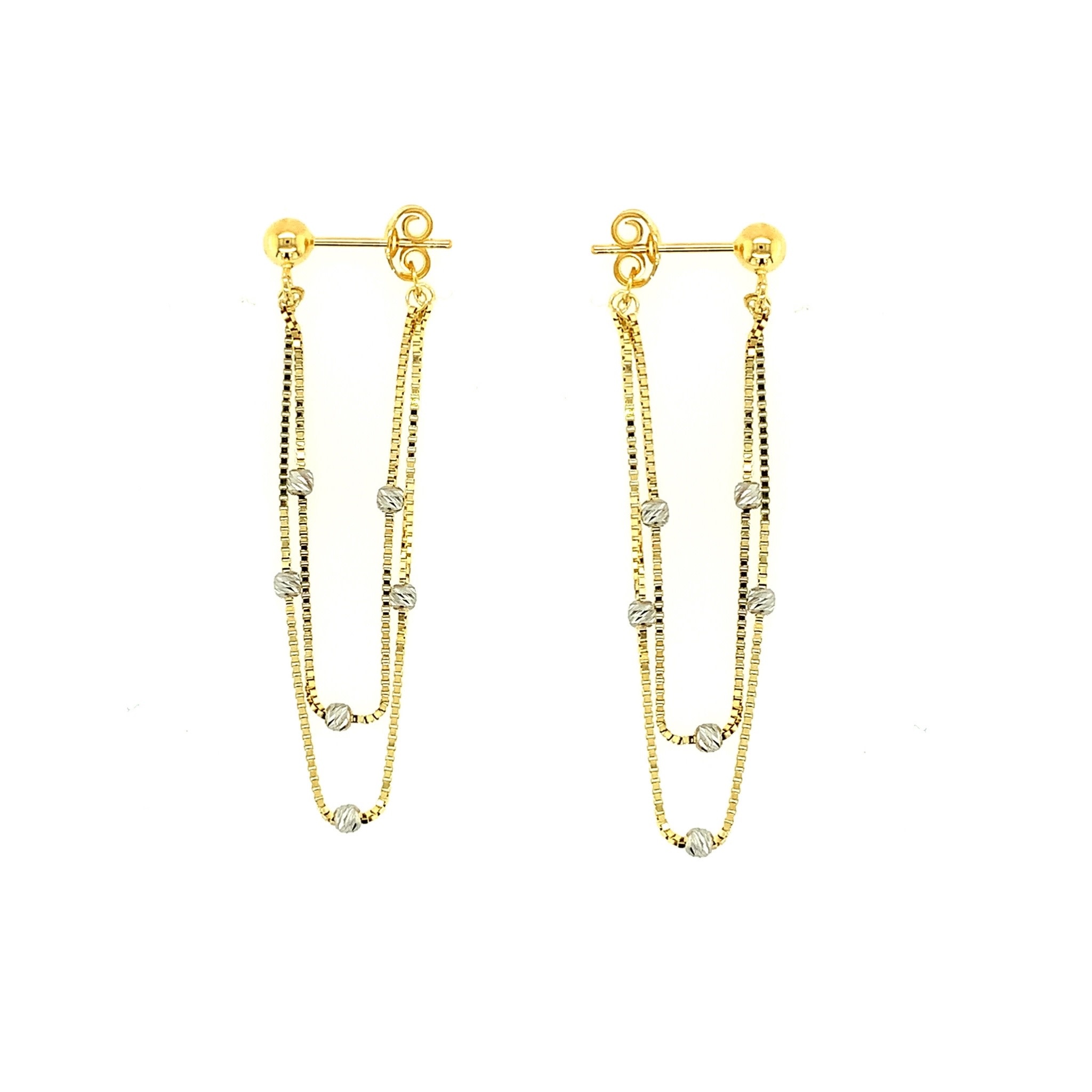 30409 14K YELLOW GOLD DOUBLE HANGING BOX LINK CHAINS WITH WHITE GOLD DIAMOND CUT BEADS STUDS