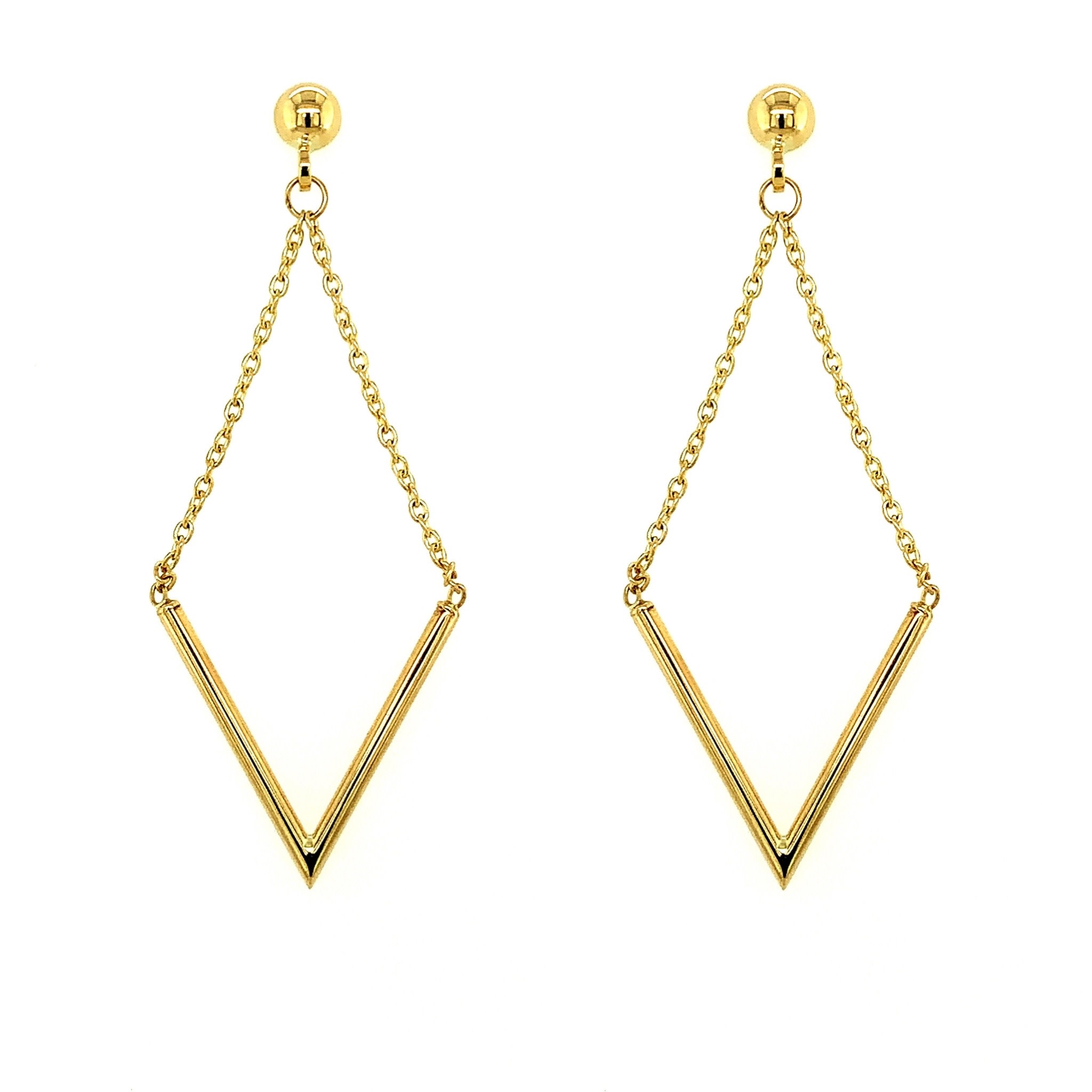 30410 14K YELLOW GOLD HANGING V SHAPE BAR WITH CABLE LINK CHAIN STUDS