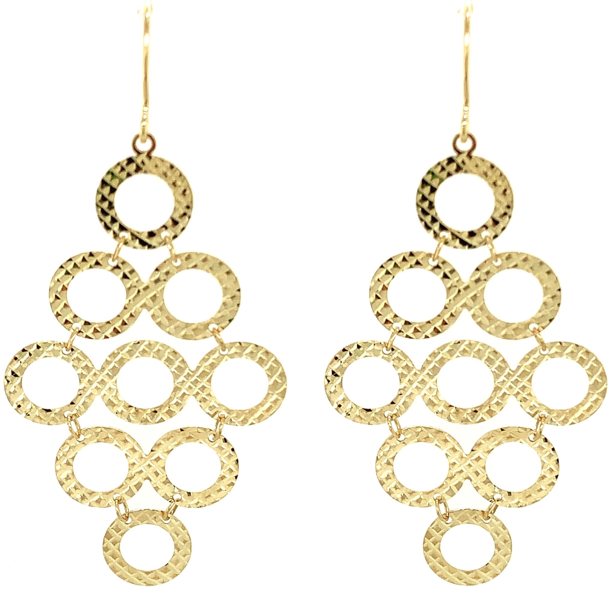 30416 14K YELLOW GOLD OPEN CIRCLE DIAMOND CUT CHANDELIER DESIGN HANGING EARRINGS