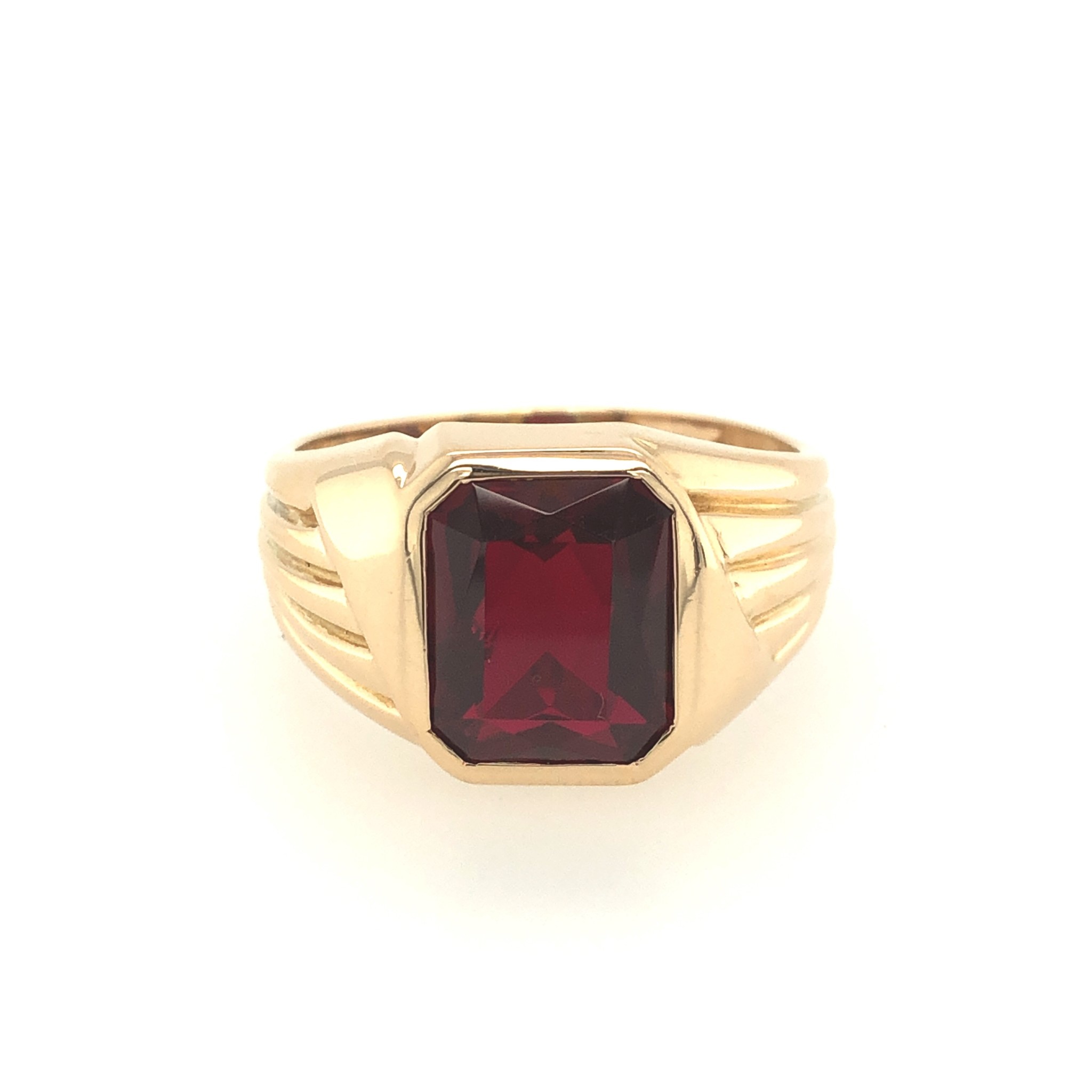 45033 14K YELLOW GOLD EMERALD SHAPE RED CUBIC ZIRCONIA MENS SYGNET