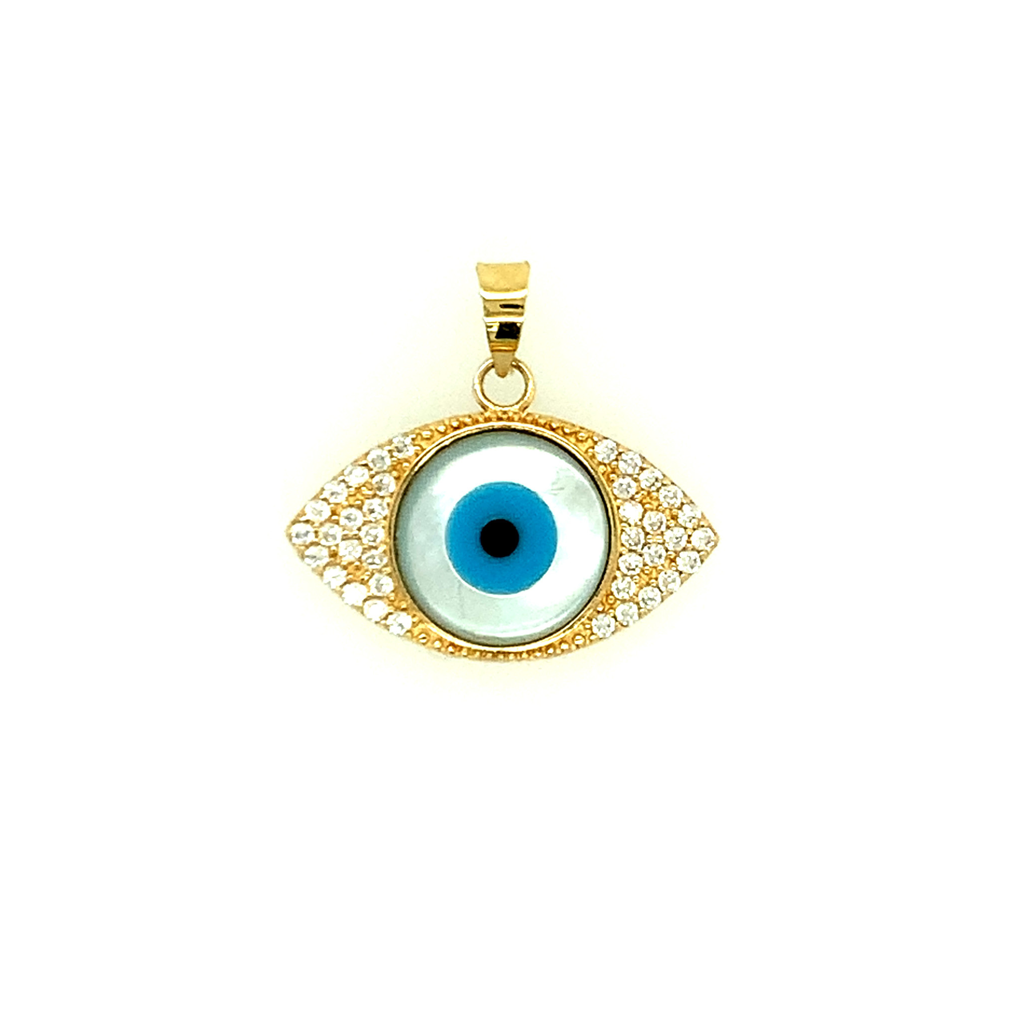 78027 14K YELLOW GOLD EVIL EYE MOTHER OF PEARL CENTER AND CUBIC ZIRCONIA CHARM
