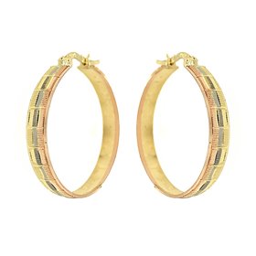 30430 14K TRI COLOR 4.4MM 1.25" DIAMOND CUT CHECKERED DESIGN HOOPS
